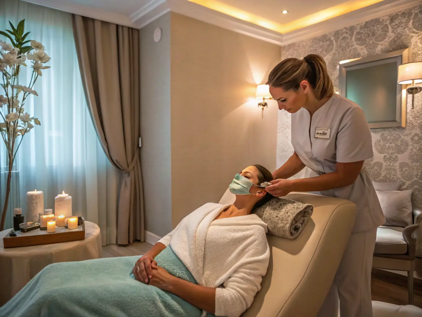 A serene spa setting with soft lighting, featuring a client receiving a luxurious facial treatment.