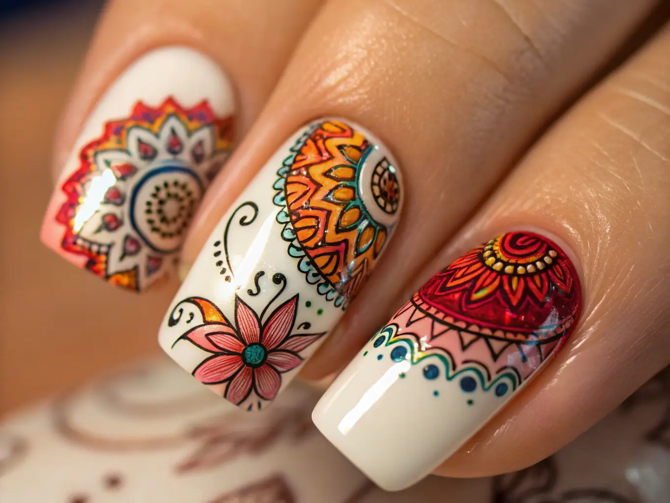 A close-up shot of beautifully manicured nails with intricate nail art designs, highlighting the salon's attention to detail.