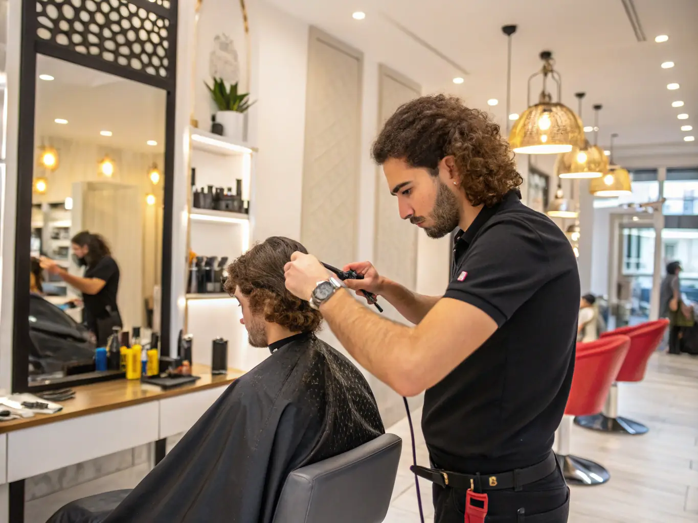 A stylist expertly cutting and styling a client's hair in a modern salon setting, showcasing a trendy haircut.