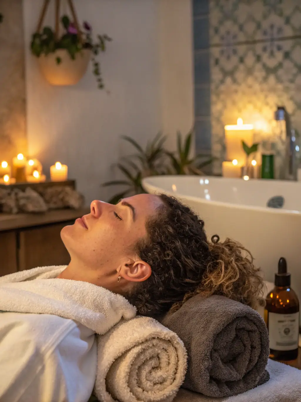 A serene image of a client receiving a relaxing scalp massage during a hair treatment, emphasizing the salon's commitment to providing a calming and therapeutic experience.