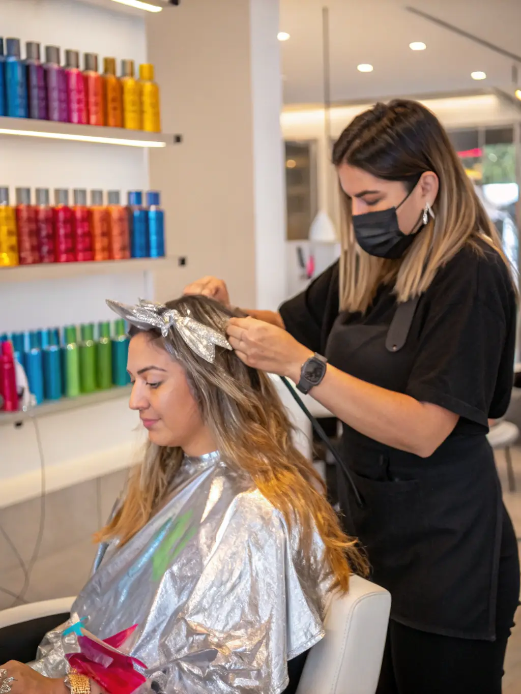 A professional stylist expertly applying highlights to a client's long, flowing hair in a modern salon setting, showcasing the salon's hair styling services.